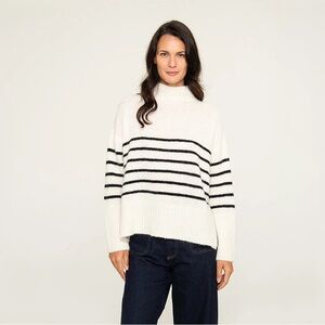 Alpaca Wool Mock Neck Sweater Ivory Black Stripe Sz S